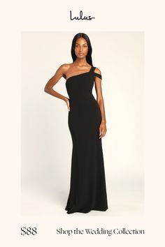 a woman in a black dress with the words shop the wedding collection