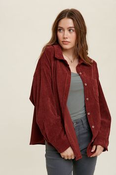 Stay on trend this fall with this corduroy button up! It comes in two amazing colors and features long sleeves, a front pocket, and a collar neckline. Pair over a graphic tee with jeans are you're set for the perfect fall OOTD! 90% POLYESTER, 8% NYLON, 2% SPANDEX Corduroy Button Up, Corduroy Button Up Shirt Outfit, Wardrobe Reset, Tomboy Aesthetic, Business Casual Blouse, Senior Photo Shoot, Professional Work Outfit