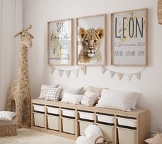 a baby's room with stuffed animals and posters on the wall