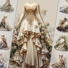 Step back in time and embrace the nostalgic charm with our Vintage Floral Wedding Dress Clipart Bundle. Immerse in the ethereal blend of antique lace, delicate florals, and classic silhouettes. Each illustration is enhanced with transparent backgrounds, ensuring effortless incorporation into your treasured projects. Drape your creative canvas with the enduring elegance of vintage bridal couture! INCLUDED CONTENT: *An exquisitely curated selection of 28 vintage floral wedding dress clipart images with transparent backgrounds. *High-resolution files at 400 DPI, capturing every nuance and ensuring pristine print clarity. *Instant digital download upon purchase. Kindly note this is a digital product; no physical items will be sent. SUGGESTED USES: *Design alluring invitations, bridal shower ca Vintage Floral Wedding, Dress Clipart, Vintage Clipart, Elegant Outfit Classy, Bridal Shower Cards, Fairy Dresses, Bridal Elegance, Floral Wedding Dress, Bridal Magazine