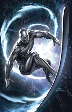 the silver surfer is floating in front of an abstract background