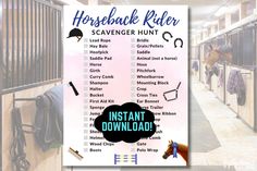 horse back rider scavenger hunt poster with horses in stalls and saddles hanging on the wall