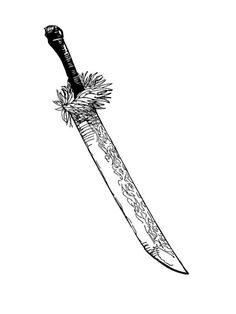 a black and white drawing of a large knife with flowers on it's blade