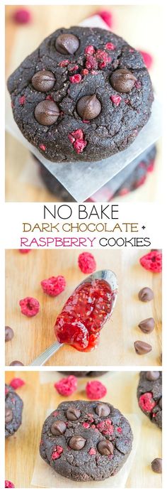 chocolate raspberry cookies on a cutting board with the words, no bake