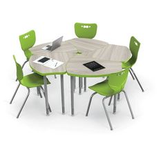 a round table with green chairs around it