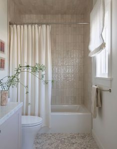 a white toilet sitting next to a bath tub in a bathroom under a shower curtain