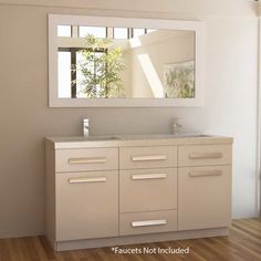 a bathroom vanity with a mirror above it and a bamboo plant on the wall behind it