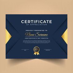 an award certificate with a blue and gold design on the front, yellow ribbon around it