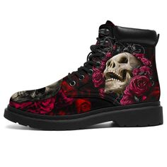 Floral Skull Boots Shoes Amazing Gift Idea-Gear Wanta Skull Boots, Cheap Ankle Boots, Floral Skull, Leather Boot Shoes, High Quality Shoes, Martin Boots, Motorcycle Boots, Skull Design, Mens Birthday Gifts