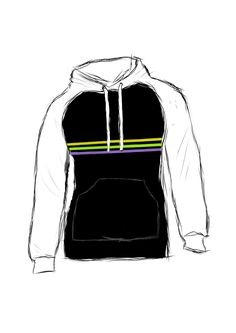 a drawing of a black hoodie with yellow and green stripes on the chest, in front of a white background