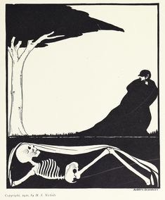 a skeleton laying on the ground in front of a tree with a man standing next to it