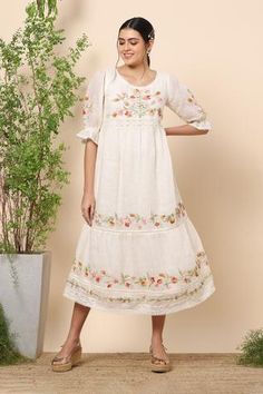 Shop for Kaveri White Linen Midi Dress for Women Online at Aza Fashions Hand Painted Dress, Linen Embroidery, Fashion Around The World, Midi Dress White, Midi Dress For Women, Summer Harvest, Embroidered Motifs, Fly Free, Linen Midi Dress