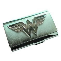 a metal business card holder with the letter w on it