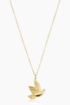 Feel the wind in your hair with our Freedom Dove Pendant Necklace. This special dove charm represents love, peace and freedom, making it the perfect meaningful gift for yourself or someone else. Wear it solo or layer it up; the solid gold will shine through either way! 14k Solid Yellow Gold 18 Inches Length, Adjustable to 17 Inches 1.7 Grams Solid Gold Crafted in Arezzo, Italy Aphrodite Alter, Arezzo Italy, Dove Pendant, Dove Necklace, Bird Necklace, Love Peace, Slumber Parties, Aphrodite, Solid Yellow