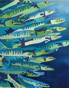 a painting of many fish swimming in the ocean