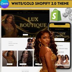 an image of a woman in gold dress on her phone and website design for luxury boutiques