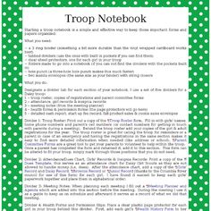 a green and white polka dot notebook with the words'troop notebook'in it