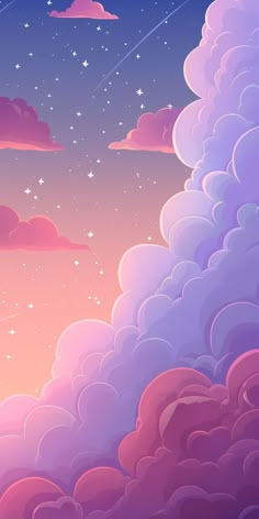 the sky is filled with clouds and stars as if they were floating in the air