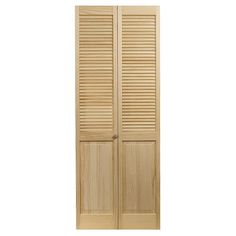 an open wooden door with shutters on the front and side doors in light wood