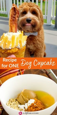 a dog is looking at an ice cream cone with bacon on it and the words recipe for one dog cupcake