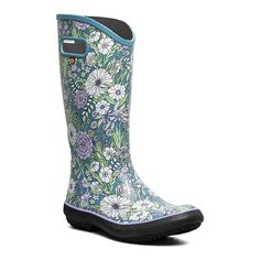 a women's rain boot with flowers on it