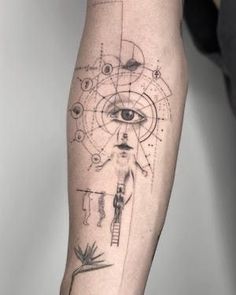 a man's leg with an eye and other things on the side of it