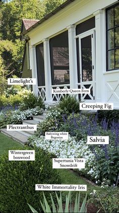 the different types of flowers in front of a house