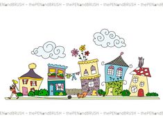 an image of houses with clouds and flowers in the sky above them on a white background