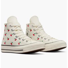 Cherry Converse Outfit, Cherry Converse, Converse Bleu, Black Hightop Converse, Miffy Cute, Embroidered Cherries, Nike Aesthetic, White Leather Converse, Leather Chuck Taylors