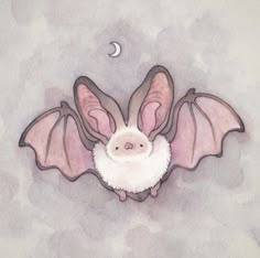 a drawing of a bat hanging upside down with its wings spread out and the moon in the background