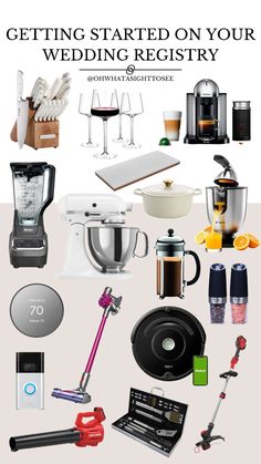 a bunch of different items that are on top of a white background with the words, getting started on your wedding registry