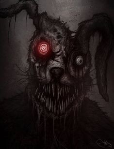 a creepy looking dog with red eyes and fangs on it's head, in the dark