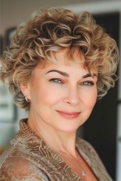 Cropped Highlighted Curls Hairstyle on a smiling woman in her 50s with brown hair and highlights. Highlights For Short Hair Over 50, Short Curly Bob Hairstyles, Short Curly Hairstyles For Women, Curly Pixie Hairstyles, Grey Curly Hair, Short Hair Images, Curly Hair Photos, Curly Haircuts, Subtle Highlights