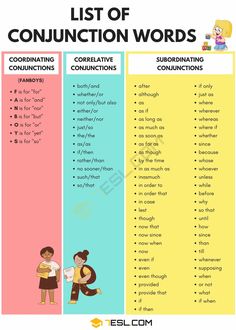 the list of conjunction words for kids to use in their speech and writing skills, including