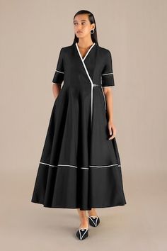 Black half sleeves wrap style midi dress crafted in chanderi with chalk lines pattern detail and a box pleated flare. - Aza Fashions Wrap Dress Pattern, Style Midi Dress, Lines Pattern, Midi Wrap Dress, Dress Crafts, Fashion App, Line Patterns, Dress For Women, Flared Sleeves