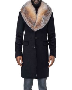 Alistair Black Coat with Crystal Fox Collar – WELTHĒ NYC Russian Coat, Alligator Dress Shoes, Mens Fur Coat, Mens Joggers Sweatpants, Black Russian, Cream Coat, Mens Fur, Black Wool Coat, Fashion Suits For Men