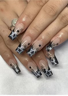 Black Acrylic Nails, Punk Nails, Grunge Nails, Girly Acrylic Nails, Unique Acrylic Nails, Acrylic Nails Coffin Short, Star Nails, Funky Nails