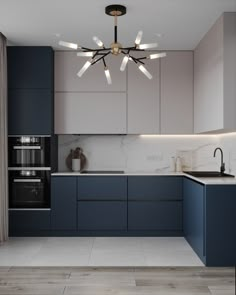 a modern kitchen with blue cabinets and white counter tops, an island style sink and black appliances