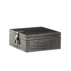 an alligator skin box with a lock on the lid