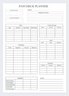 a printable pay sheet with the words paycheck planner in black and white