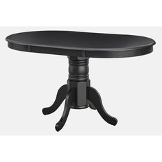 a black table with an oval top and four leaves on one leg, in front of a white background