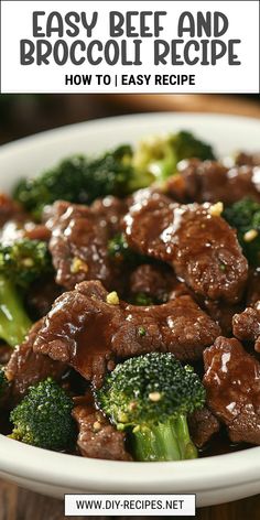 beef and broccoli recipe in a white bowl with text overlay that reads easy beef and broccoli recipe