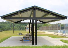 an empty picnic shelter in a park with benches