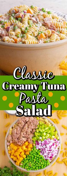 this creamy tuna pasta salad is loaded with fresh peas and diced onions