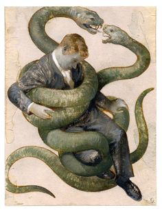 a painting of a man sitting on top of a snake