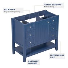 the parts of a blue vanity are labeled