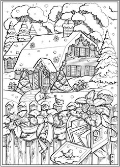 a coloring page with a house in the background