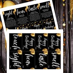 black and gold birthday party ticket with confetti streamers, balloons and streamers