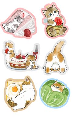 four stickers with cats and food on them