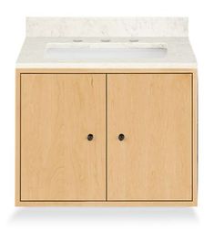 a wooden cabinet with two doors and a white counter top on one side, and a sink on the other